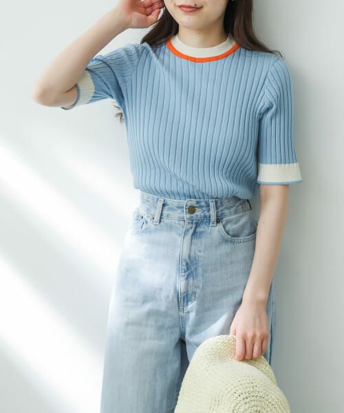 ＊＊SENSE OF PLACE by URBAN RESEARCH / センスオブプレイス バイ アーバンリサーチ ニット・セーター | バイカラーコンパクトセーター(5分袖)（L.BLUE）