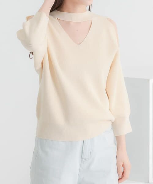 ＊＊SENSE OF PLACE by URBAN RESEARCH / センスオブプレイス バイ アーバンリサーチ ニット・セーター | カットアウトハイネックセーター(5分袖)（IVORY）