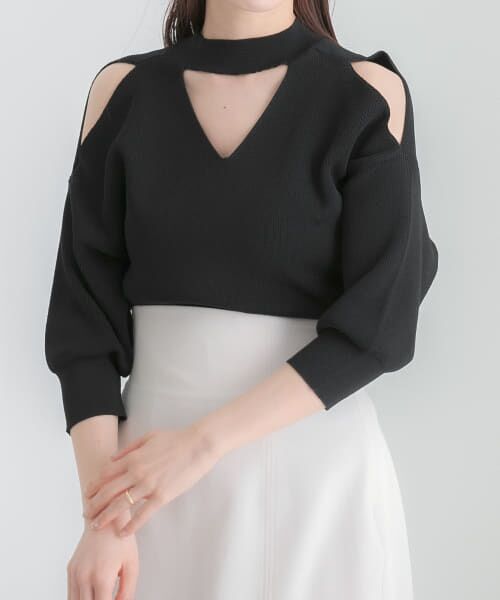 ＊＊SENSE OF PLACE by URBAN RESEARCH / センスオブプレイス バイ アーバンリサーチ ニット・セーター | カットアウトハイネックセーター(5分袖)（BLACK）