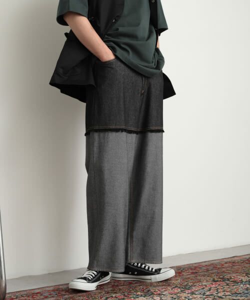＊＊SENSE OF PLACE by URBAN RESEARCH / センスオブプレイス バイ アーバンリサーチ デニムパンツ | デニムフリンジシャンブレーワイドパンツ（BLACK）