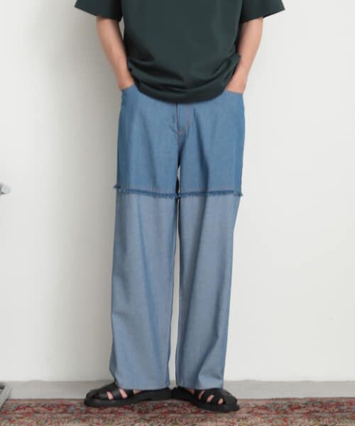 セール】 デニムフリンジシャンブレーワイドパンツ （デニム