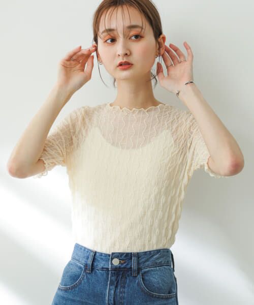 ＊＊SENSE OF PLACE by URBAN RESEARCH / センスオブプレイス バイ アーバンリサーチ Tシャツ | ウェーブパターンシアートップ(5分袖)（OFF WHITE）