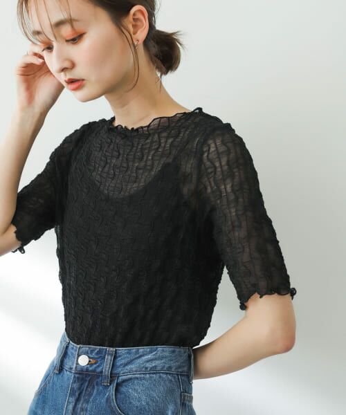 ＊＊SENSE OF PLACE by URBAN RESEARCH / センスオブプレイス バイ アーバンリサーチ Tシャツ | ウェーブパターンシアートップ(5分袖)（BLACK）