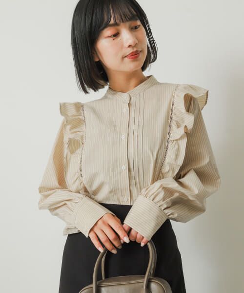 ＊＊SENSE OF PLACE by URBAN RESEARCH / センスオブプレイス バイ アーバンリサーチ シャツ・ブラウス | ストライプフリルブラウス（BEG×WHT）