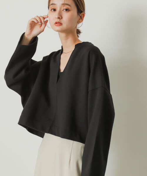 ＊＊SENSE OF PLACE by URBAN RESEARCH / センスオブプレイス バイ アーバンリサーチ Tシャツ | Vネッククロップドトップ（BLACK）