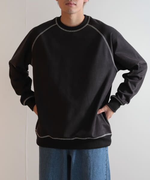 ＊＊SENSE OF PLACE by URBAN RESEARCH / センスオブプレイス バイ アーバンリサーチ スウェット | ラグランフェイクスエードスウェットシャツ（BLACK）