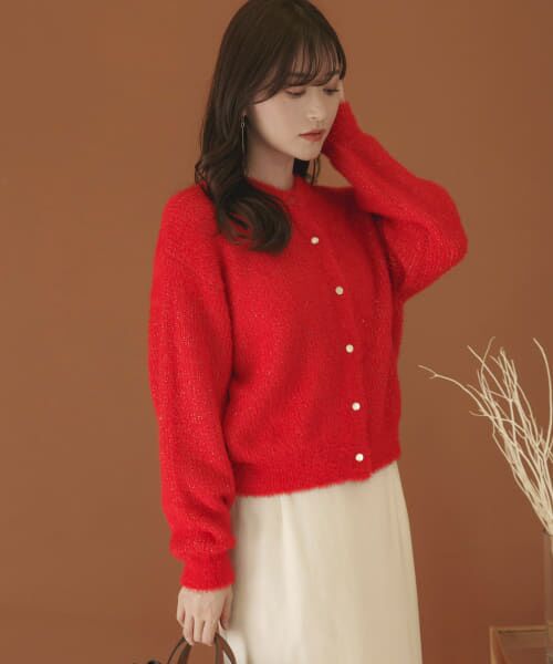 ＊＊SENSE OF PLACE by URBAN RESEARCH / センスオブプレイス バイ アーバンリサーチ カーディガン・ボレロ | クルーネックラメカーディガン（RED）