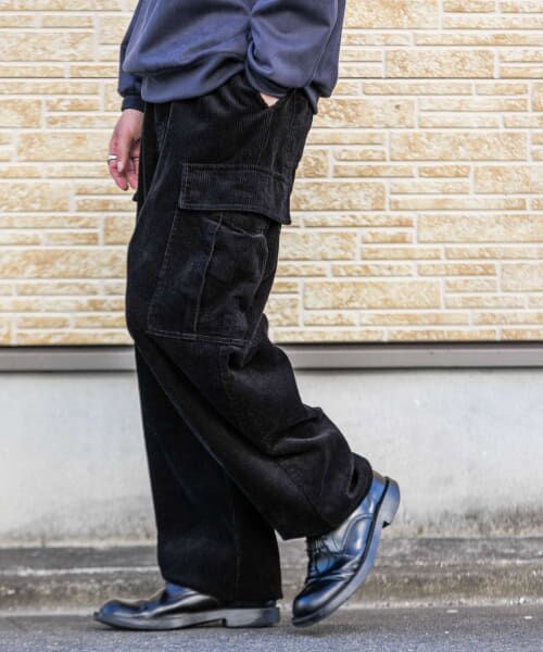 ＊＊SENSE OF PLACE by URBAN RESEARCH / センスオブプレイス バイ アーバンリサーチ その他パンツ | 『セットアップ対応』 ヘビーコーデュロイワイドカーゴパンツ（BLACK）
