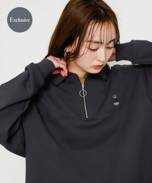 ＊＊SENSE OF PLACE by URBAN RESEARCH / センスオブプレイス バイ アーバンリサーチ スウェット | 『別注』『ユニセックス』TeddyBear×SOP　テディベアハーフZIPスウェット（CHARCOAL）