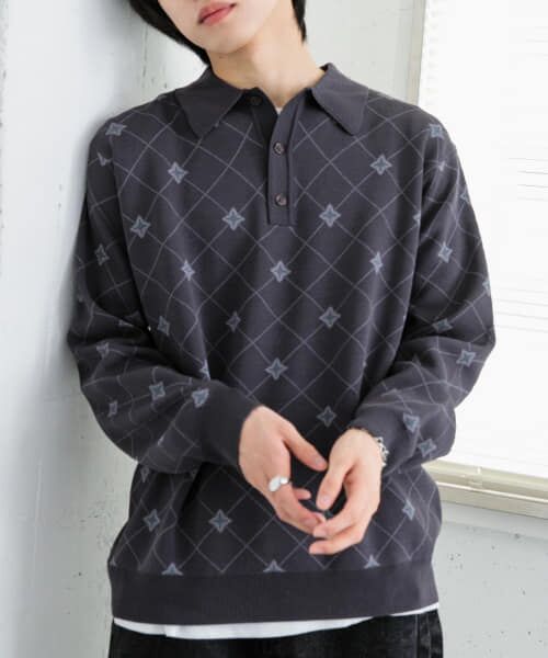 ＊＊SENSE OF PLACE by URBAN RESEARCH / センスオブプレイス バイ アーバンリサーチ ニット・セーター | フラワージャガードニットポロ（CHARCOAL）