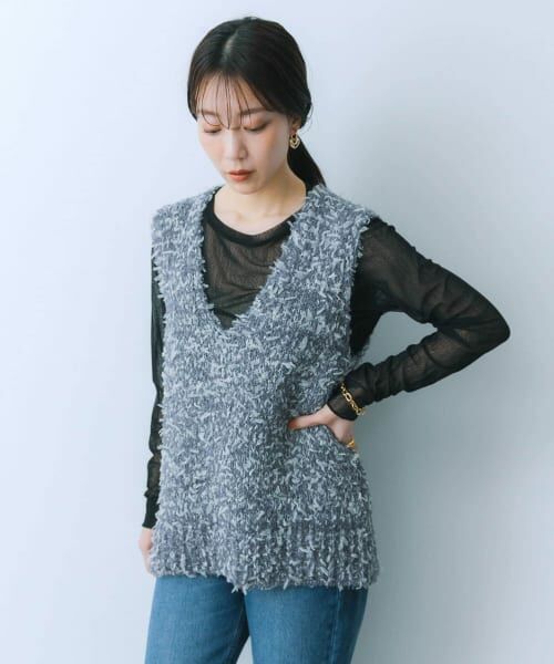 ＊＊SENSE OF PLACE by URBAN RESEARCH / センスオブプレイス バイ アーバンリサーチ ベスト | チュールテープニットベスト（GRAY）