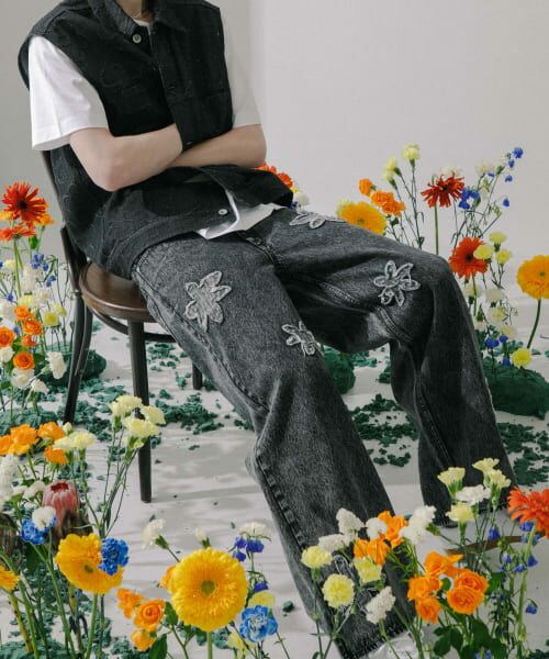 セール】 hxcyyd × SOP フラワーパッチワイドデニム(UNISEX) （デニム