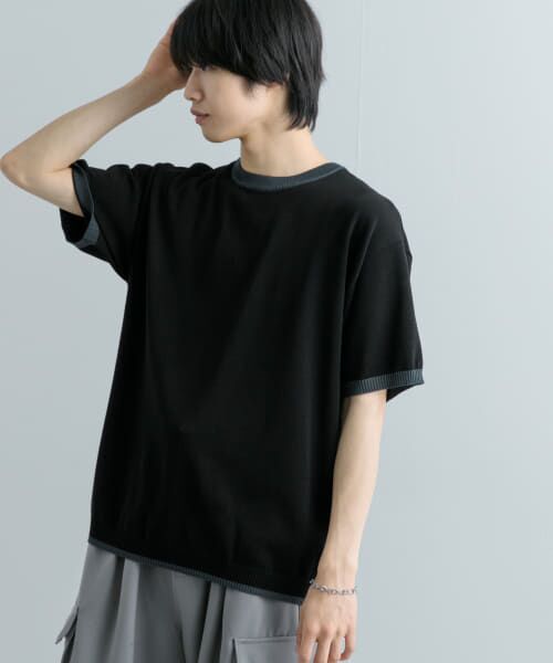 ＊＊SENSE OF PLACE by URBAN RESEARCH / センスオブプレイス バイ アーバンリサーチ ニット・セーター | 『洗濯可』リブハイショクラインニットTシャツ(5分袖)（BLK×CHA）