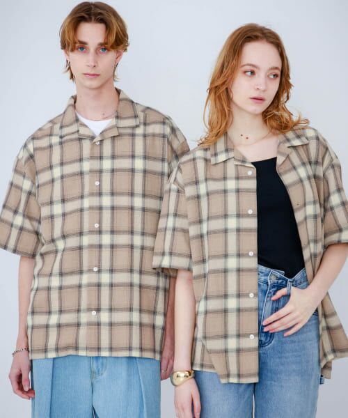 ＊＊SENSE OF PLACE by URBAN RESEARCH / センスオブプレイス バイ アーバンリサーチ シャツ・ブラウス | 『Sサイズあり』『ユニセックス』オンブレチェックオープンカラーシャツ（BEG×GRG）