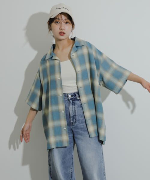 ＊＊SENSE OF PLACE by URBAN RESEARCH / センスオブプレイス バイ アーバンリサーチ シャツ・ブラウス | 『Sサイズあり』『ユニセックス』オンブレチェックオープンカラーシャツ（BLUE×GRG）