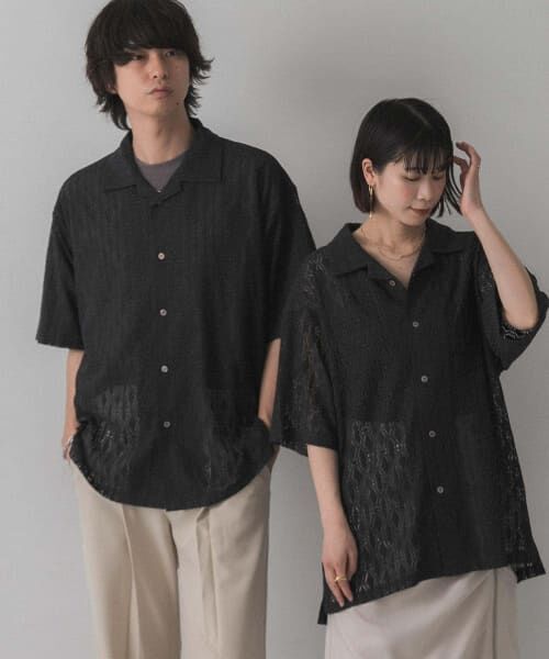 ＊＊SENSE OF PLACE by URBAN RESEARCH / センスオブプレイス バイ アーバンリサーチ シャツ・ブラウス | 『ユニセックス』『洗濯可』アソートレースオープンカラーシャツ(5分袖)（CHARCOAL）