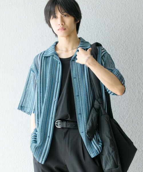 ＊＊SENSE OF PLACE by URBAN RESEARCH / センスオブプレイス バイ アーバンリサーチ シャツ・ブラウス | 『ユニセックス』『洗濯可』アソートレースオープンカラーシャツ(5分袖)（BLU×WHT）