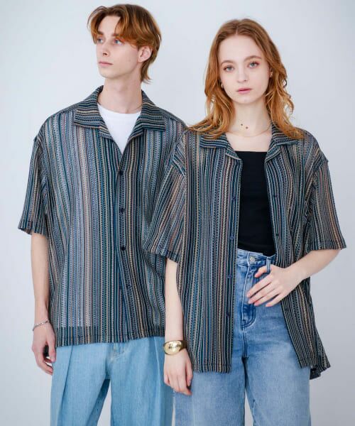 ＊＊SENSE OF PLACE by URBAN RESEARCH / センスオブプレイス バイ アーバンリサーチ シャツ・ブラウス | 『ユニセックス』『洗濯可』アソートレースオープンカラーシャツ(5分袖)（NVY×BEG）