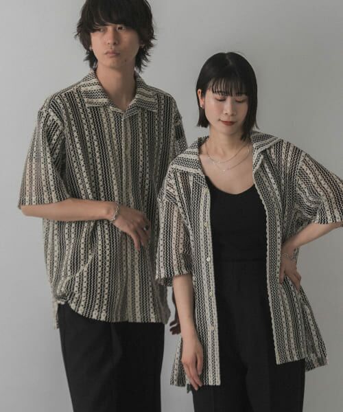 ＊＊SENSE OF PLACE by URBAN RESEARCH / センスオブプレイス バイ アーバンリサーチ シャツ・ブラウス | 『ユニセックス』『洗濯可』アソートレースオープンカラーシャツ(5分袖)（IVO×BLK）