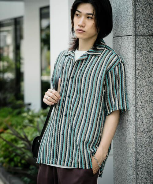 ＊＊SENSE OF PLACE by URBAN RESEARCH / センスオブプレイス バイ アーバンリサーチ シャツ・ブラウス | 『ユニセックス』『洗濯可』アソートレースオープンカラーシャツ(5分袖)（BLU×GRY）