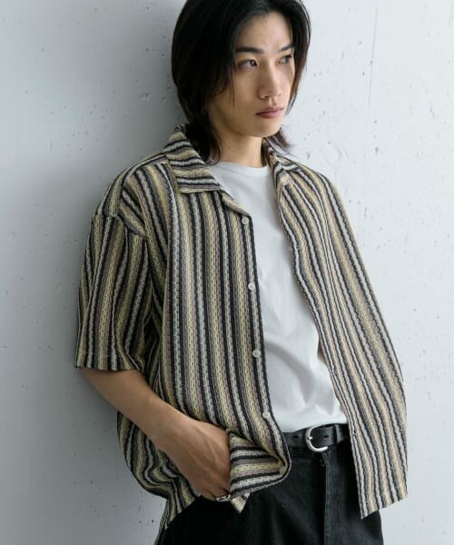 ＊＊SENSE OF PLACE by URBAN RESEARCH / センスオブプレイス バイ アーバンリサーチ シャツ・ブラウス | 『ユニセックス』『洗濯可』アソートレースオープンカラーシャツ(5分袖)（GRN×YLE）