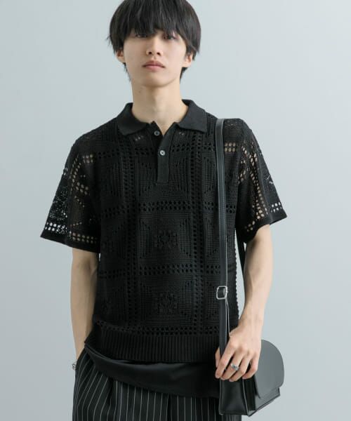 ＊＊SENSE OF PLACE by URBAN RESEARCH / センスオブプレイス バイ アーバンリサーチ ニット・セーター | クロシェライクニットポロシャツ(5分袖)（BLACK）