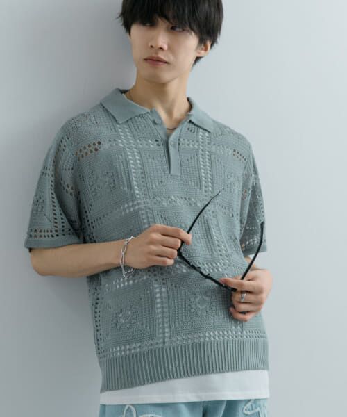 ＊＊SENSE OF PLACE by URBAN RESEARCH / センスオブプレイス バイ アーバンリサーチ ニット・セーター | クロシェライクニットポロシャツ(5分袖)（L.KHAKI）