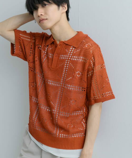＊＊SENSE OF PLACE by URBAN RESEARCH / センスオブプレイス バイ アーバンリサーチ ニット・セーター | クロシェライクニットポロシャツ(5分袖)（ORANGE）
