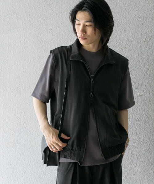 ＊＊SENSE OF PLACE by URBAN RESEARCH / センスオブプレイス バイ アーバンリサーチ ベスト | 『イージーケア/セットアップ対応』リネンライクスタンドカラーWジップベスト（CHARCOAL）