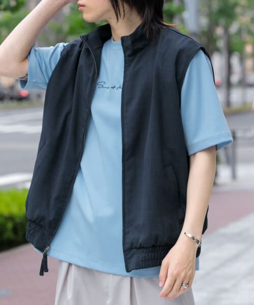 ＊＊SENSE OF PLACE by URBAN RESEARCH / センスオブプレイス バイ アーバンリサーチ ベスト | 『イージーケア/セットアップ対応』リネンライクスタンドカラーWジップベスト（NAVY）