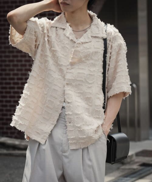 ＊＊SENSE OF PLACE by URBAN RESEARCH / センスオブプレイス バイ アーバンリサーチ シャツ・ブラウス | フリンジオープンカラーシャツ(5分袖)（IVORY）