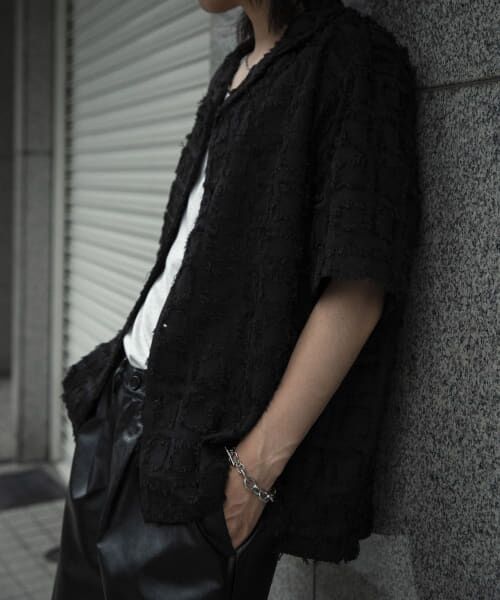 ＊＊SENSE OF PLACE by URBAN RESEARCH / センスオブプレイス バイ アーバンリサーチ シャツ・ブラウス | フリンジオープンカラーシャツ(5分袖)（BLACK）