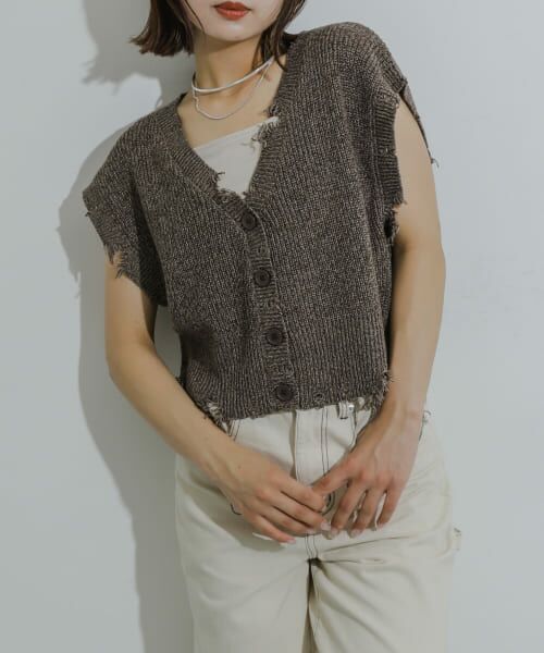 ＊＊SENSE OF PLACE by URBAN RESEARCH / センスオブプレイス バイ アーバンリサーチ ベスト | ダメージニットベスト（BROWN）