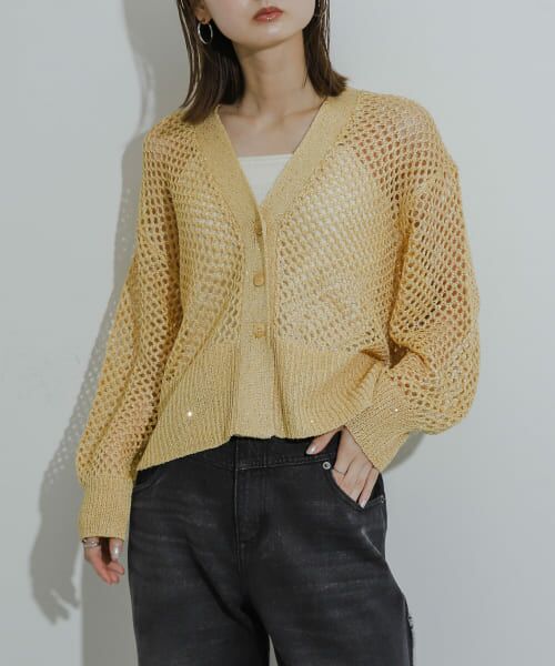 ＊＊SENSE OF PLACE by URBAN RESEARCH / センスオブプレイス バイ アーバンリサーチ カーディガン・ボレロ | スパンコールメッシュカーディガン（YELLOW）