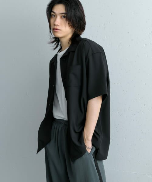＊＊SENSE OF PLACE by URBAN RESEARCH / センスオブプレイス バイ アーバンリサーチ シャツ・ブラウス | オープンカラールーズシャツ(5分袖)ll（BLACK）