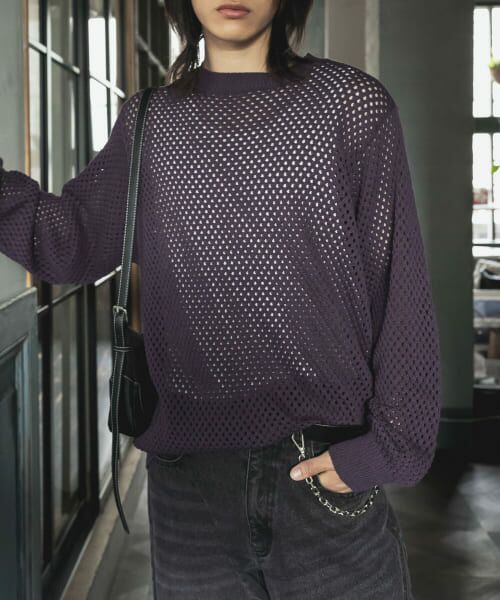 ＊＊SENSE OF PLACE by URBAN RESEARCH / センスオブプレイス バイ アーバンリサーチ ニット・セーター | 『洗濯可』シアーメッシュクルーネックニット（PURPLE）