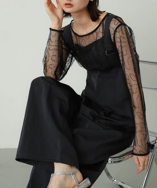 ＊＊SENSE OF PLACE by URBAN RESEARCH / センスオブプレイス バイ アーバンリサーチ Tシャツ | スパンコールチュールトップ（BLACK）