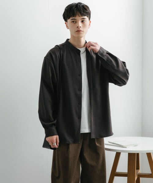 ＊＊SENSE OF PLACE by URBAN RESEARCH / センスオブプレイス バイ アーバンリサーチ シャツ・ブラウス | 『セットアップ対応』『ユニセックス』ウールライクバンドカラールーズシャツ（CHARCOAL）