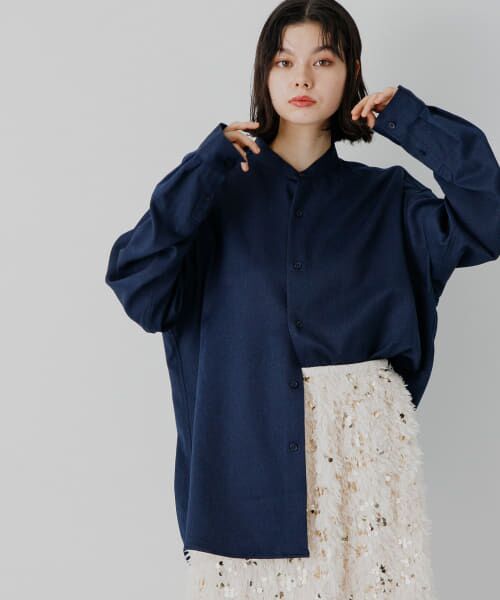 ＊＊SENSE OF PLACE by URBAN RESEARCH / センスオブプレイス バイ アーバンリサーチ シャツ・ブラウス | 『セットアップ対応』『ユニセックス』ウールライクバンドカラールーズシャツ（NAVY）