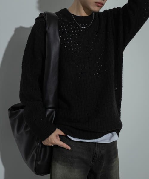 ＊＊SENSE OF PLACE by URBAN RESEARCH / センスオブプレイス バイ アーバンリサーチ ニット・セーター | クロス編みシアークルーネックニット（BLACK）