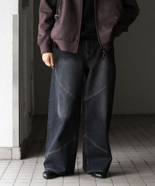 ＊＊SENSE OF PLACE by URBAN RESEARCH / センスオブプレイス バイ アーバンリサーチ デニムパンツ | ラウンドパネルワイドデニム（BLACK）