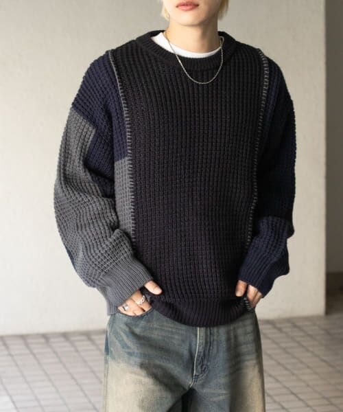 ＊＊SENSE OF PLACE by URBAN RESEARCH / センスオブプレイス バイ アーバンリサーチ ニット・セーター | ブロッキングステッチクルーネックニット（NAVY）