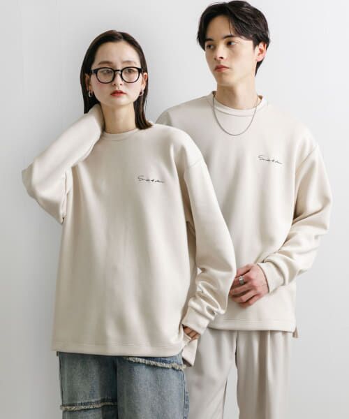 ＊＊SENSE OF PLACE by URBAN RESEARCH / センスオブプレイス バイ アーバンリサーチ Tシャツ | 『ユニセックス』シシュウダンボールポンチロングスリーブTシャツ（GRE×BLK）