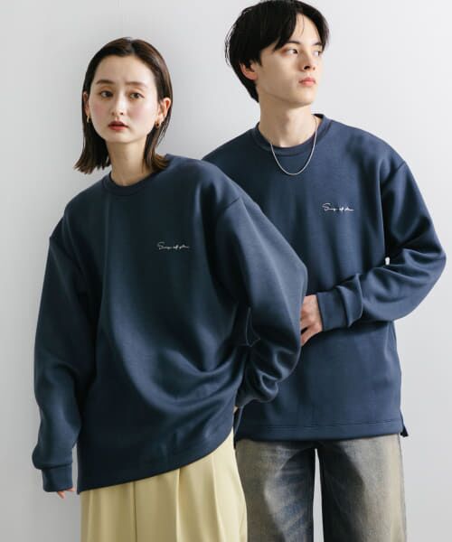 ＊＊SENSE OF PLACE by URBAN RESEARCH / センスオブプレイス バイ アーバンリサーチ Tシャツ | 『ユニセックス』シシュウダンボールポンチロングスリーブTシャツ（D.BLU×WHT）