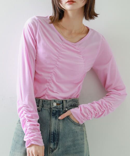 ＊＊SENSE OF PLACE by URBAN RESEARCH / センスオブプレイス バイ アーバンリサーチ Tシャツ | シアーベロアTシャツ（PINK）