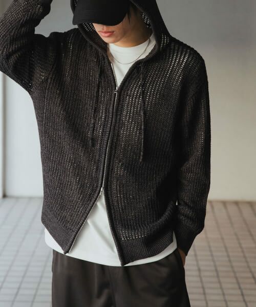 ＊＊SENSE OF PLACE by URBAN RESEARCH / センスオブプレイス バイ アーバンリサーチ パーカー | シアーメッシュフーディージップパーカー（BLACK）