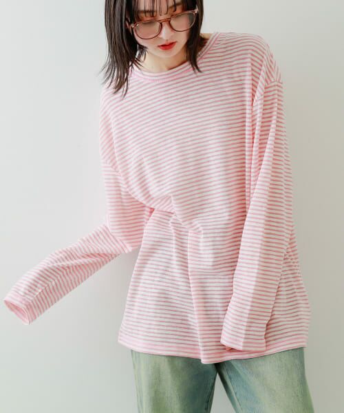 ＊＊SENSE OF PLACE by URBAN RESEARCH / センスオブプレイス バイ アーバンリサーチ Tシャツ | シアーボーダールーズTシャツ（PINK）