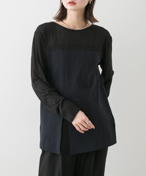 ＊＊SENSE OF PLACE by URBAN RESEARCH / センスオブプレイス バイ アーバンリサーチ Tシャツ | クルーネックドッキングスリットトップ（BLACK）