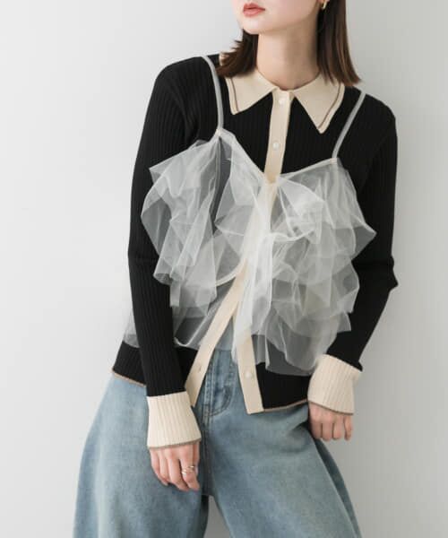＊＊SENSE OF PLACE by URBAN RESEARCH / センスオブプレイス バイ アーバンリサーチ カーディガン・ボレロ | バイカラーエリツキコンパクトカーディガン（BLACK）