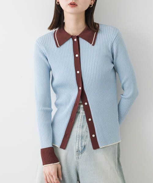 ＊＊SENSE OF PLACE by URBAN RESEARCH / センスオブプレイス バイ アーバンリサーチ カーディガン・ボレロ | バイカラーエリツキコンパクトカーディガン（L.BLUE）